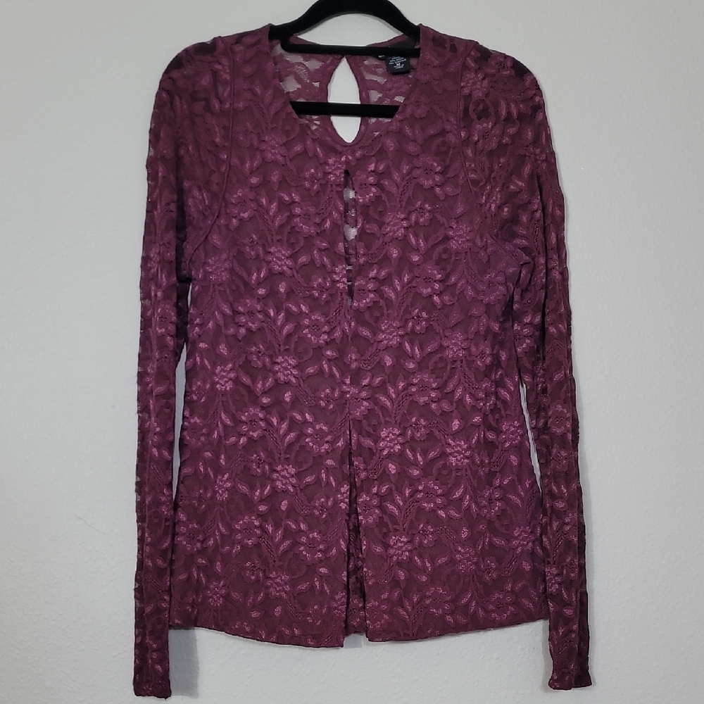 Y2K Moda Intl Lace Long Sleeve Top Size M Red Burgandy Cutout Whimsigoth Fairy